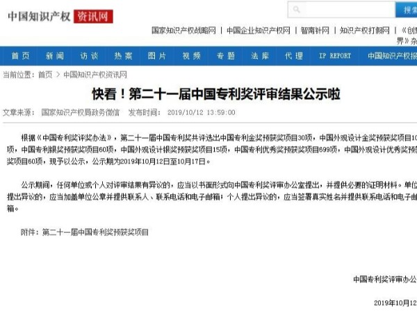 快看！第二十一屆中國專利獎評審結(jié)果公示啦